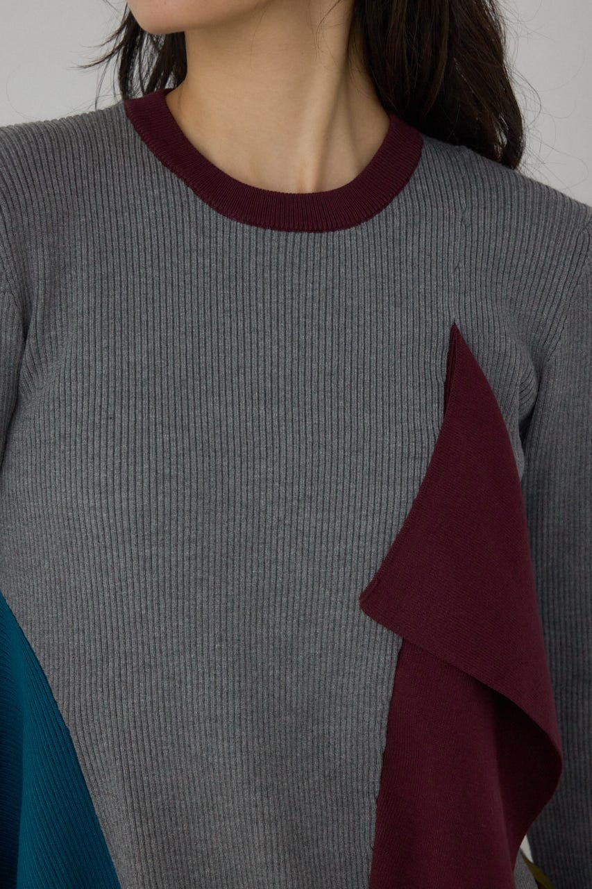 【PLUS】アシンメトリードレープニット 柄GRY FREE