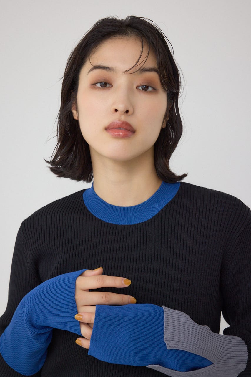 【PLUS】カラーブロッキングリブニット BLK FREE