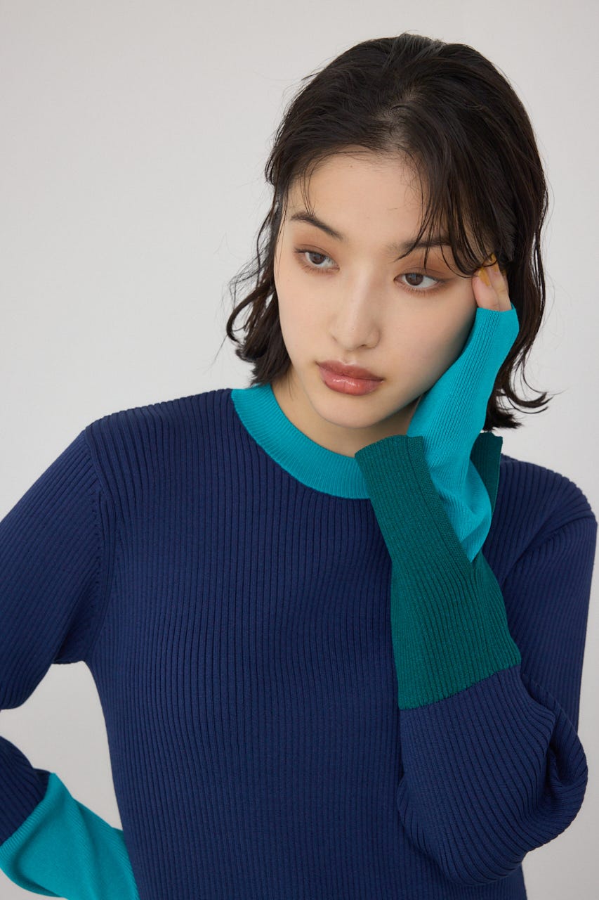 【PLUS】カラーブロッキングリブニット/レディース/トップス ニット  長袖 ブランド AZUL PLUS AZUL by moussy｜【PLUS】カラーブロッキングリブニット