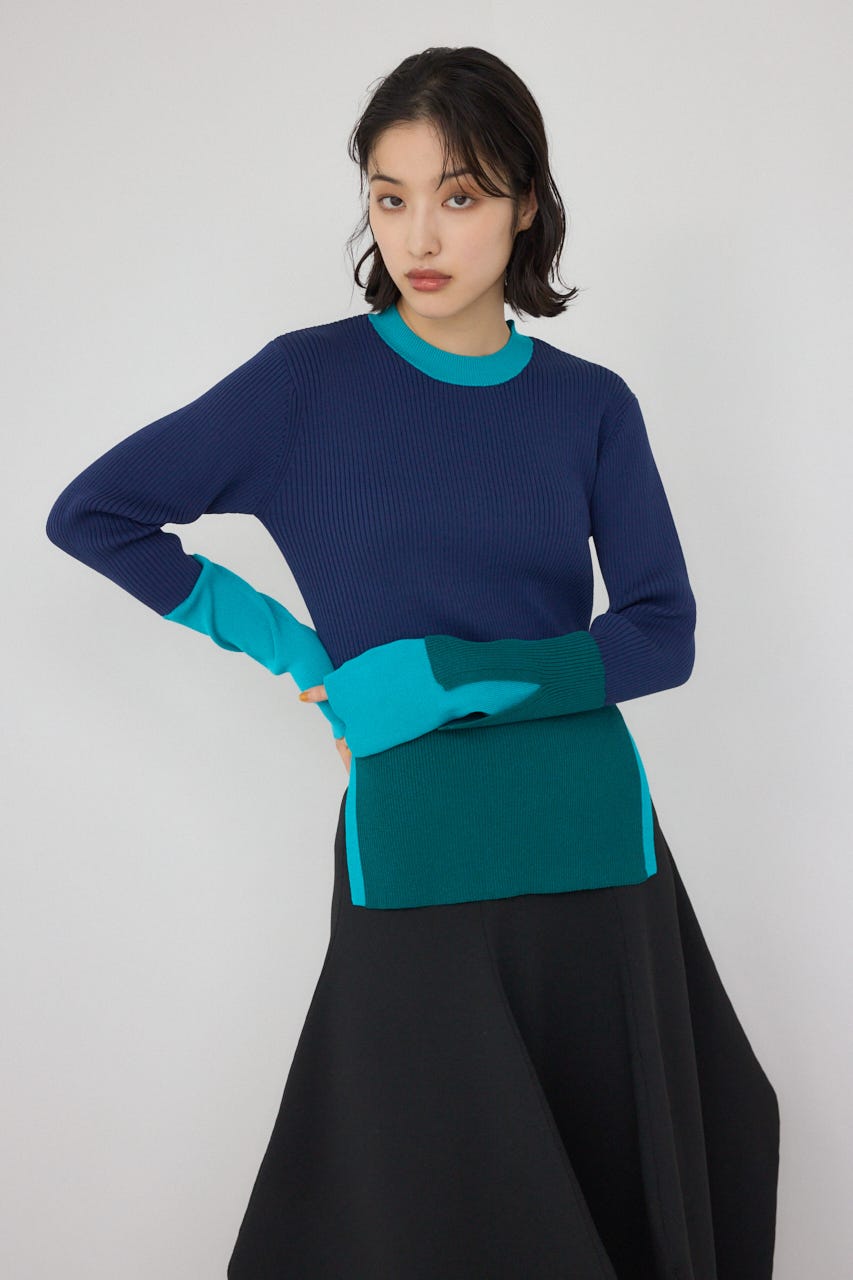 【PLUS】カラーブロッキングリブニット NVY FREE