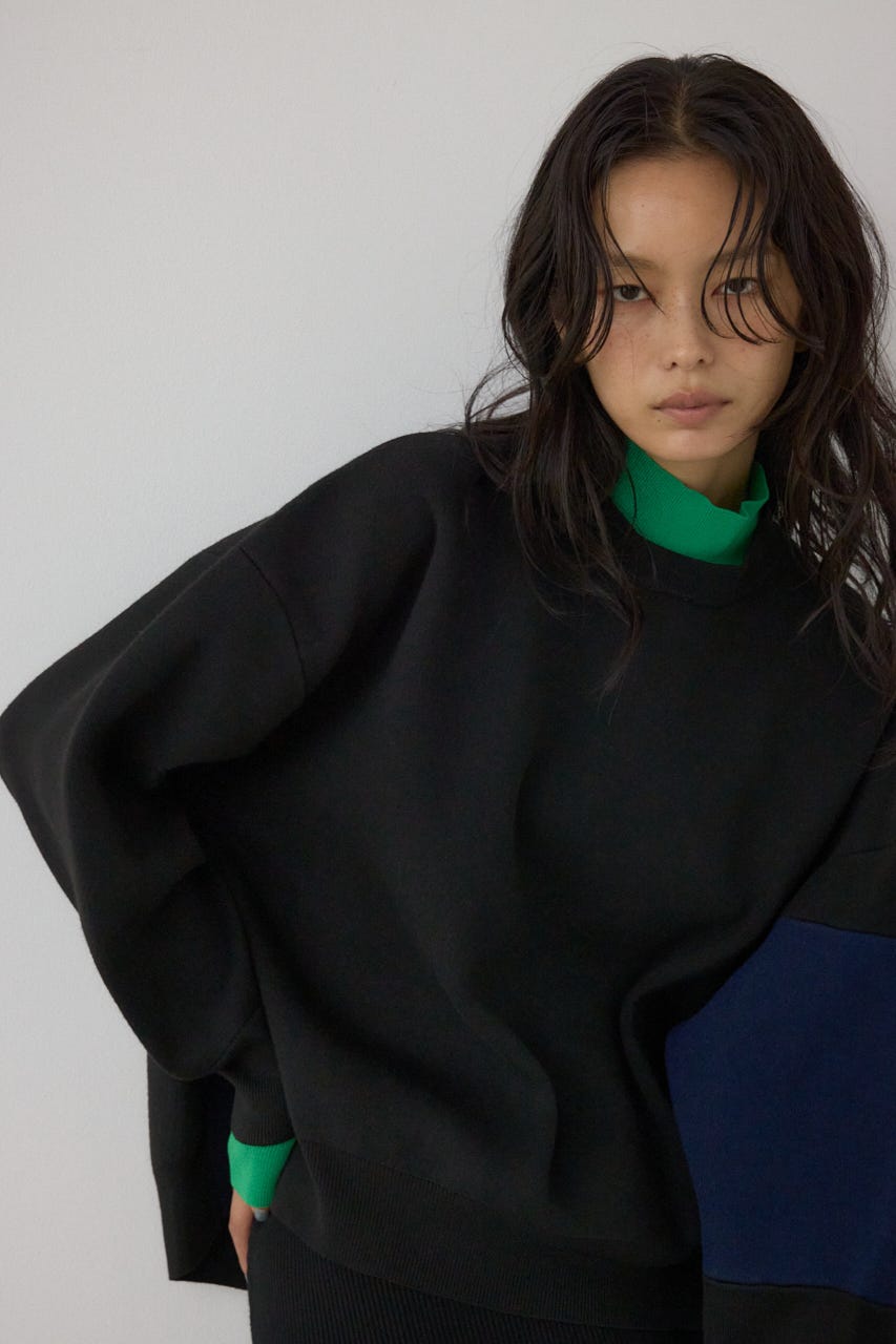 【PLUS】レイヤードライクブロッキングプルオーバー 柄BLK FREE