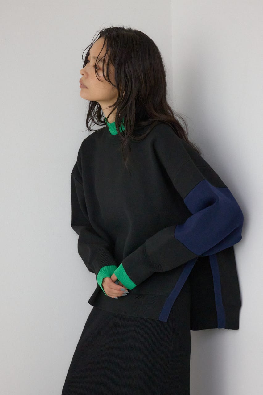 【PLUS】レイヤードライクブロッキングプルオーバー 柄BLK FREE