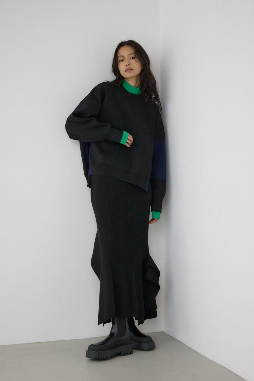 【PLUS】レイヤードライクブロッキングプルオーバー 柄BLK FREE