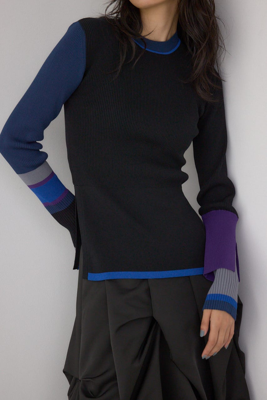 【PLUS】カラーブロッキングリブニット 柄BLK FREE