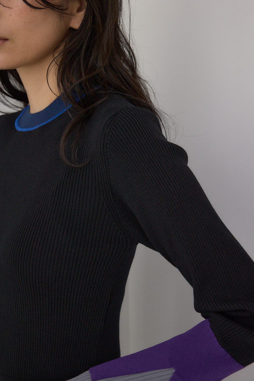 【PLUS】カラーブロッキングリブニット 柄BLK FREE