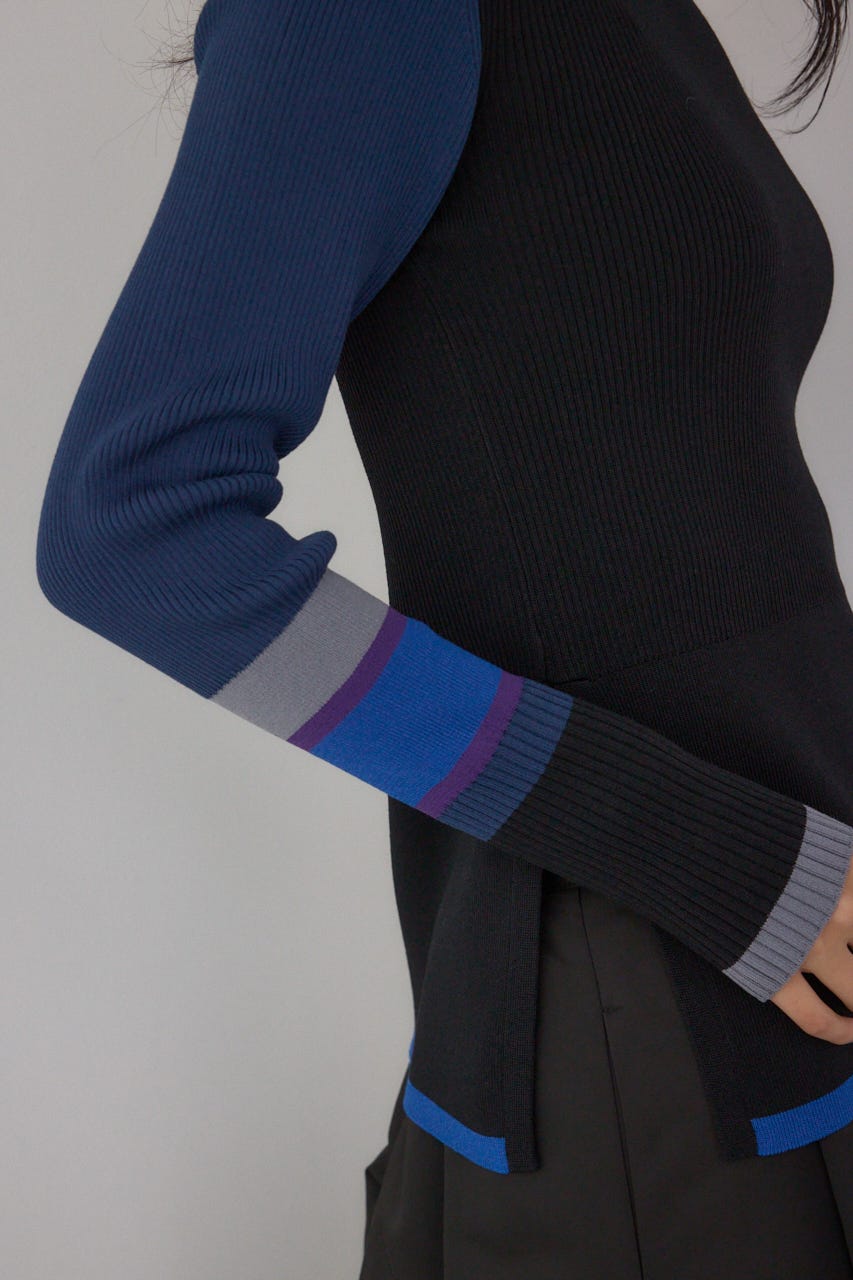 【PLUS】カラーブロッキングリブニット 柄BLK FREE