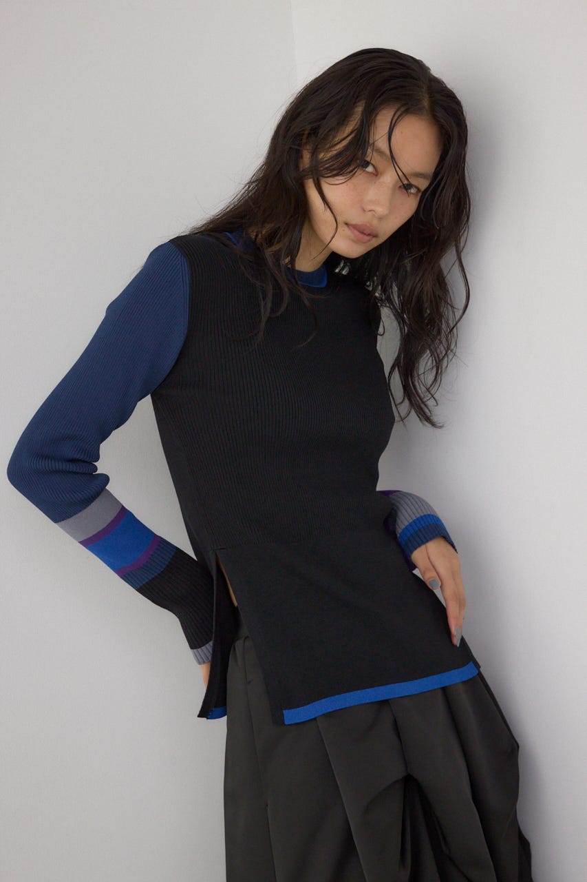 【PLUS】カラーブロッキングリブニット 柄BLK FREE