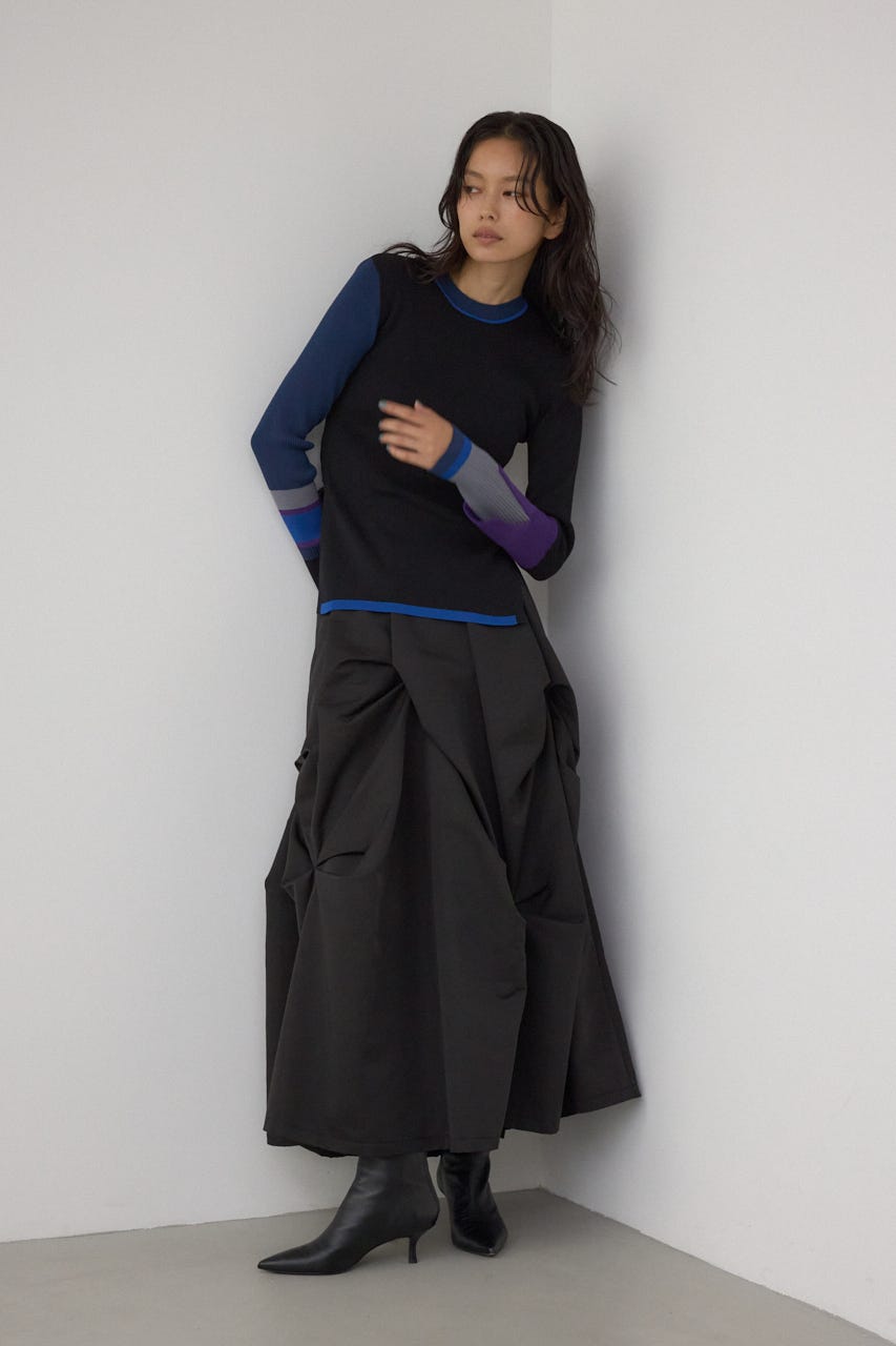 【PLUS】カラーブロッキングリブニット 柄BLK FREE