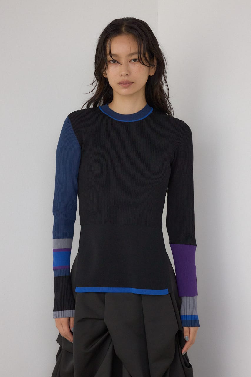 【PLUS】カラーブロッキングリブニット 柄BLK FREE