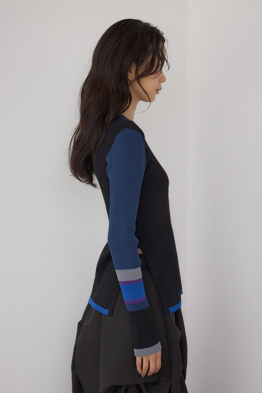 【PLUS】カラーブロッキングリブニット 柄BLK FREE