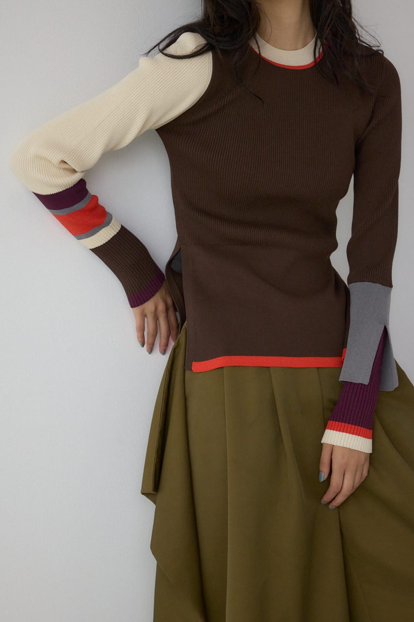 【PLUS】カラーブロッキングリブニット 柄BRN FREE