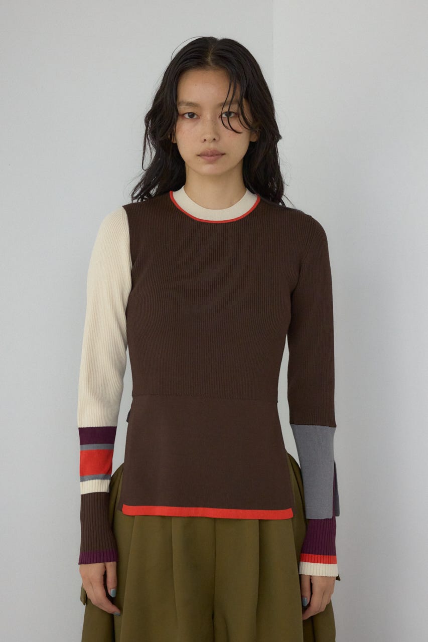 【PLUS】カラーブロッキングリブニット 柄BRN FREE