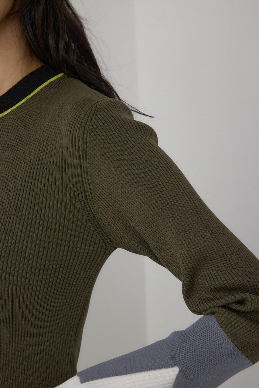 【PLUS】カラーブロッキングリブニット 柄KHA FREE