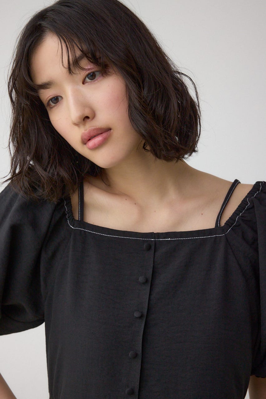 2WAYパフスリーブ配色ペプラムブラウス BLK FREE