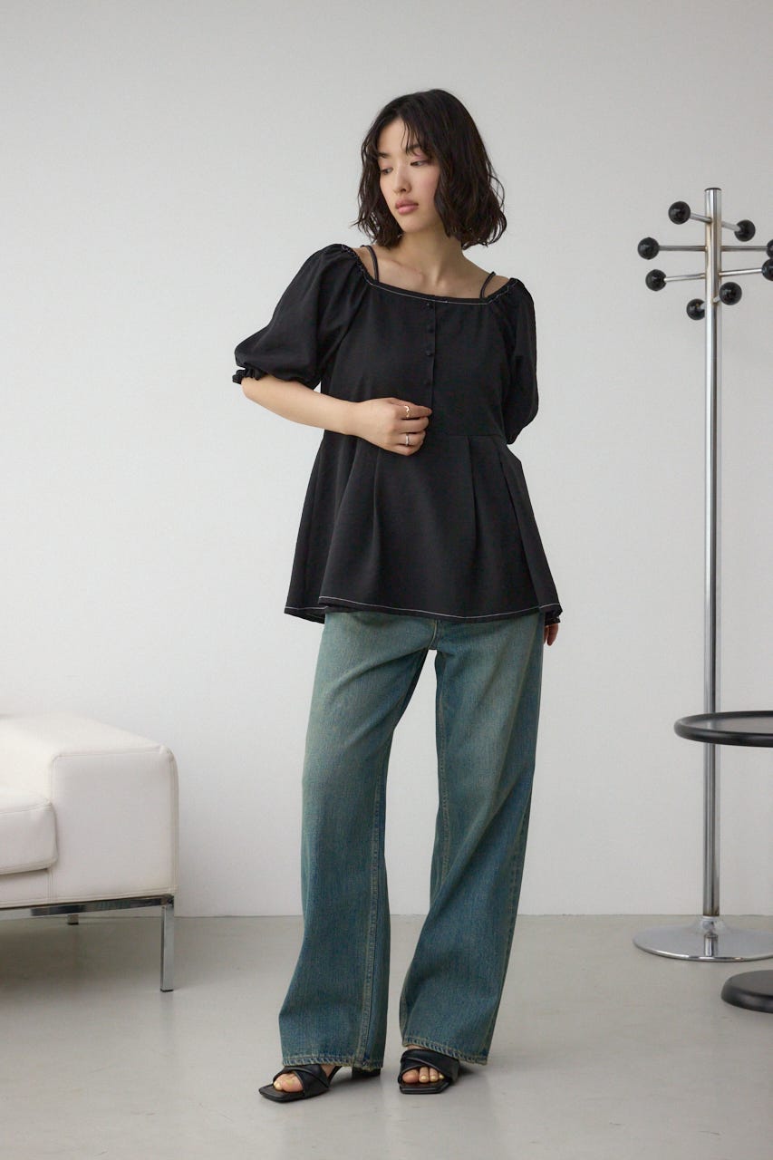 2WAYパフスリーブ配色ペプラムブラウス BLK FREE