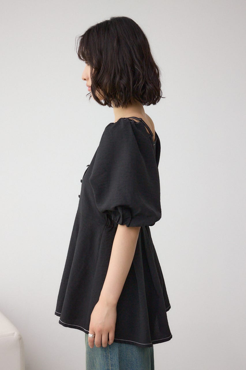 2WAYパフスリーブ配色ペプラムブラウス BLK FREE