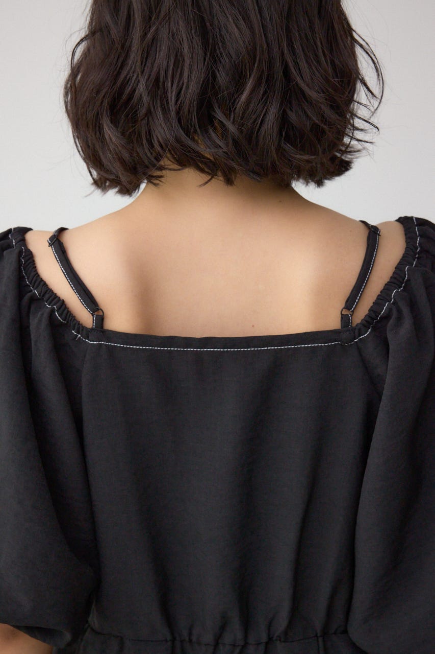 2WAYパフスリーブ配色ペプラムブラウス BLK FREE