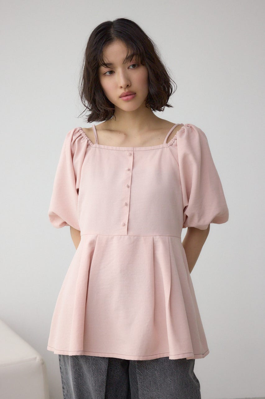 2WAYパフスリーブ配色ペプラムブラウス PNK FREE