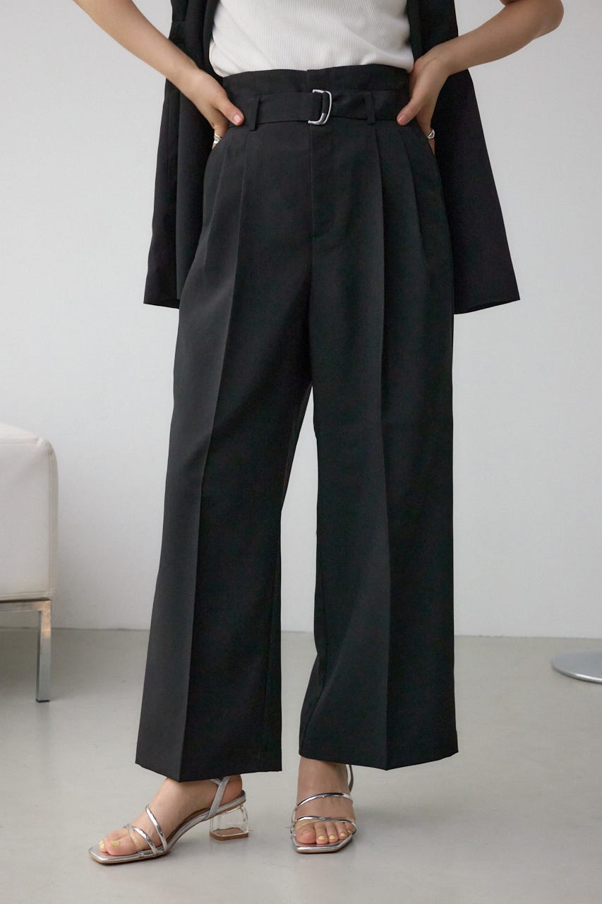 イージーケアリネンライクベルトワイドパンツ BLK M