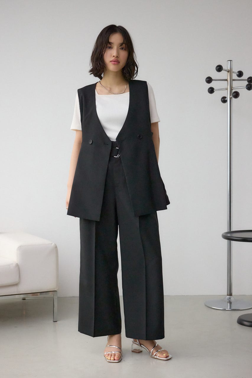 イージーケアリネンライクベルトワイドパンツ BLK M