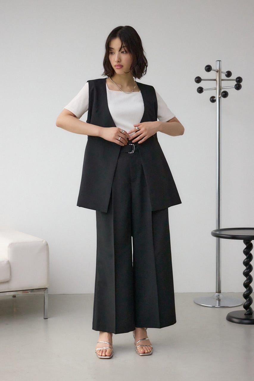 イージーケアリネンライクベルトワイドパンツ BLK M