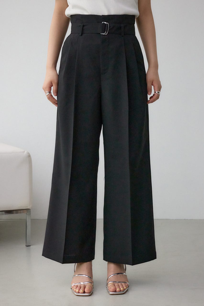 イージーケアリネンライクベルトワイドパンツ BLK M