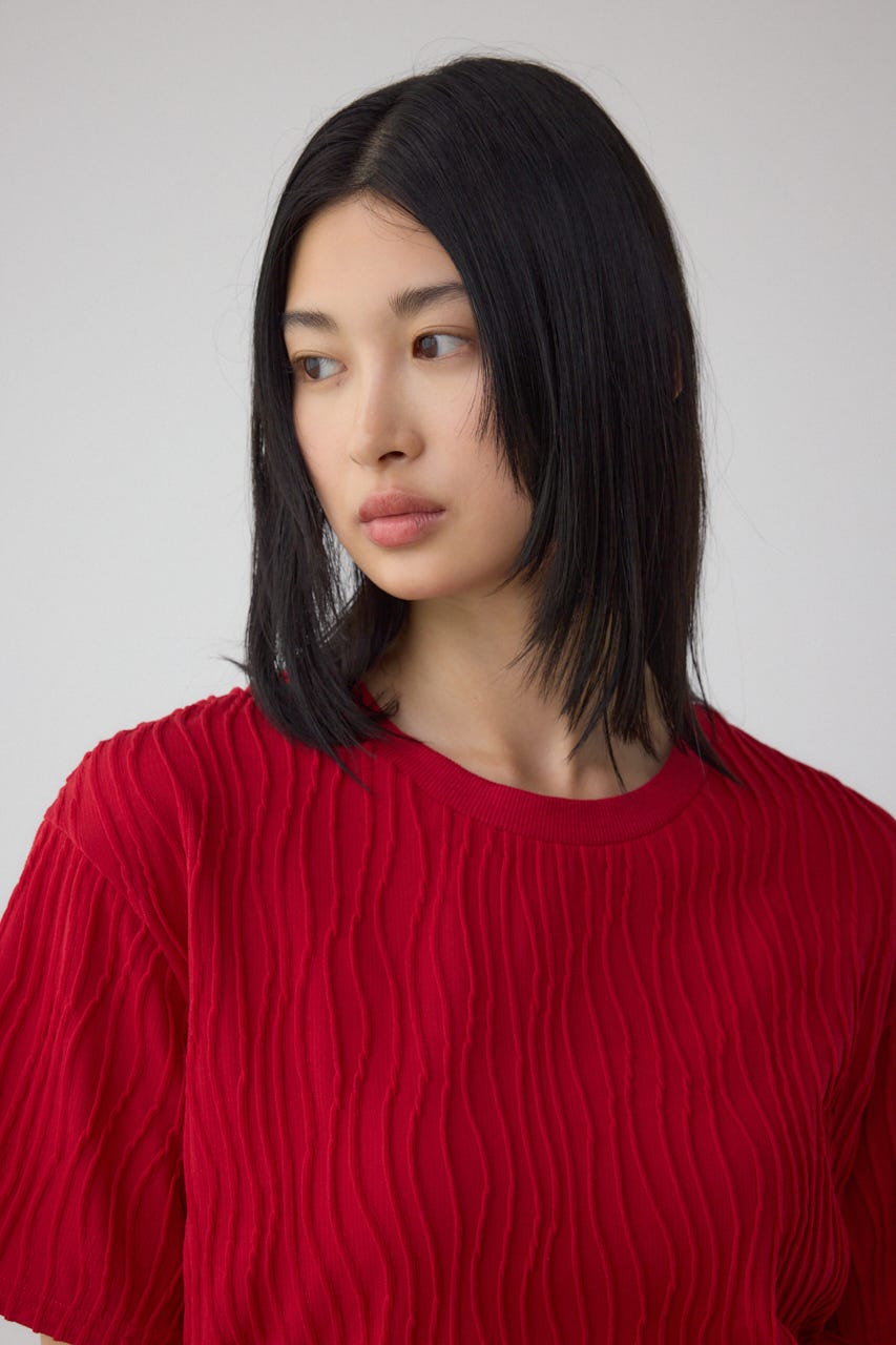 ソリッドテクスチャーカットトップス RED S