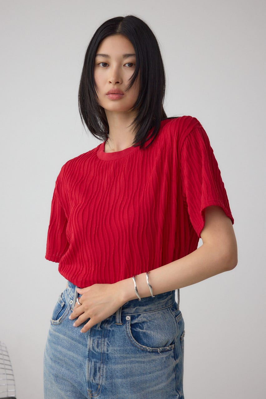 ソリッドテクスチャーカットトップス RED S