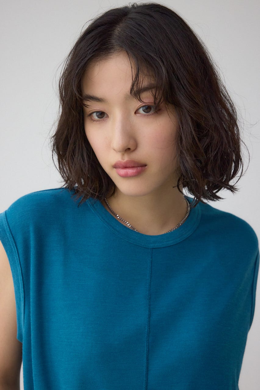 シアーワッフルノースリーブTシャツ BLU FREE