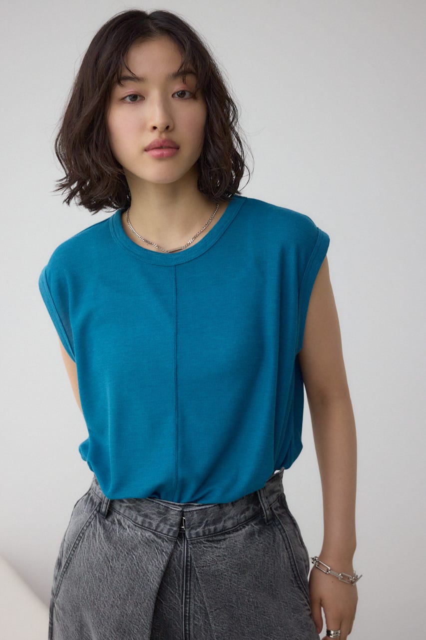 シアーワッフルノースリーブTシャツ BLU FREE