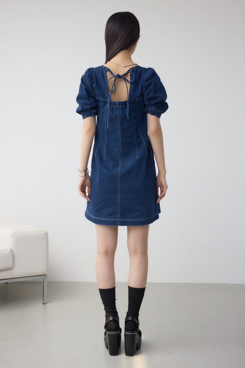 フロントジップ半袖デニムワンピース BLU M