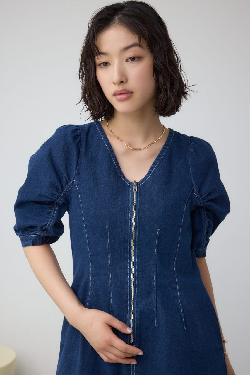 フロントジップ半袖デニムワンピース BLU M