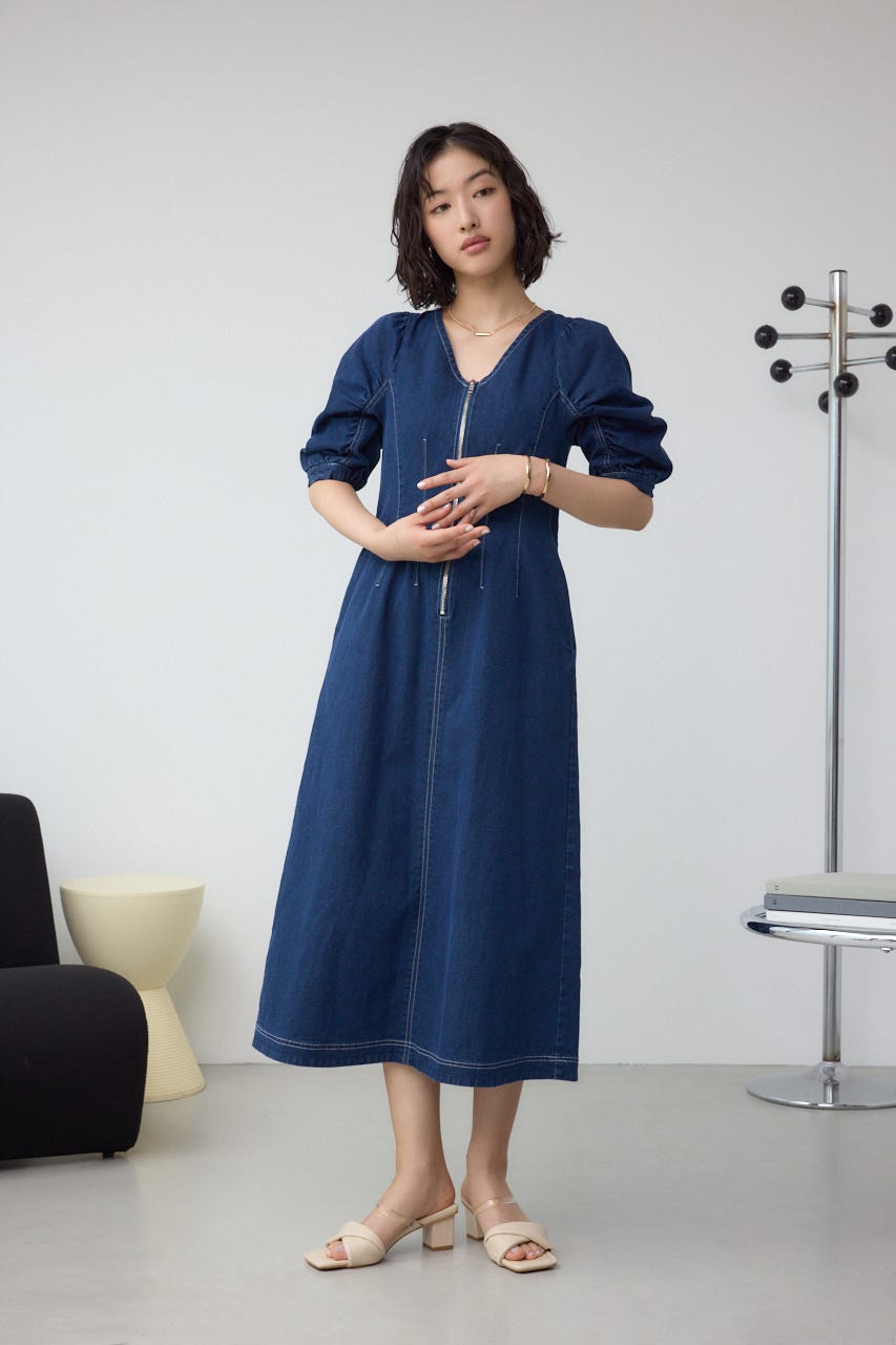 フロントジップ半袖デニムワンピース BLU M
