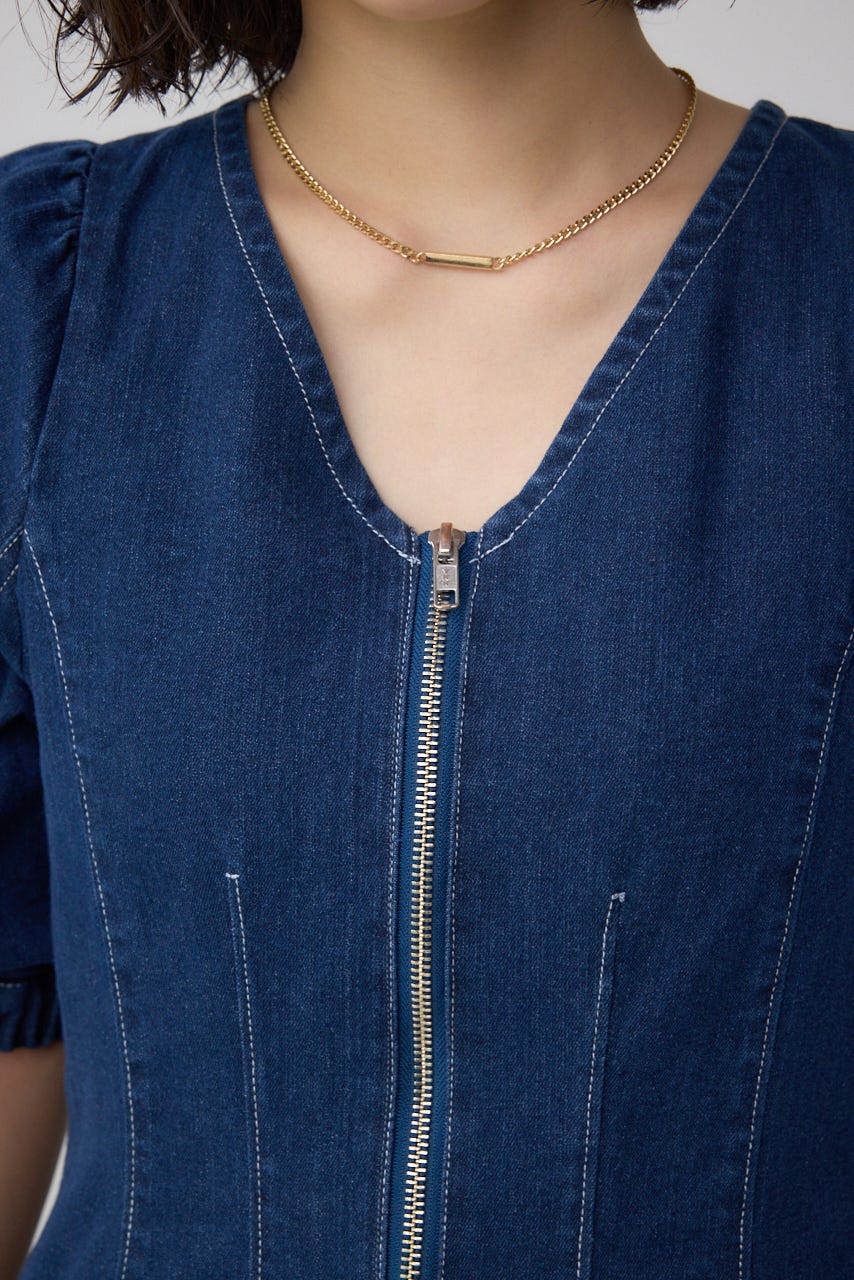 フロントジップ半袖デニムワンピース BLU M