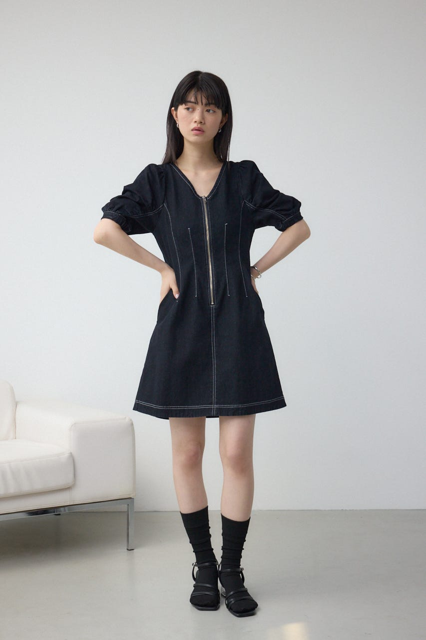 フロントジップ半袖デニムワンピース One Wash S
