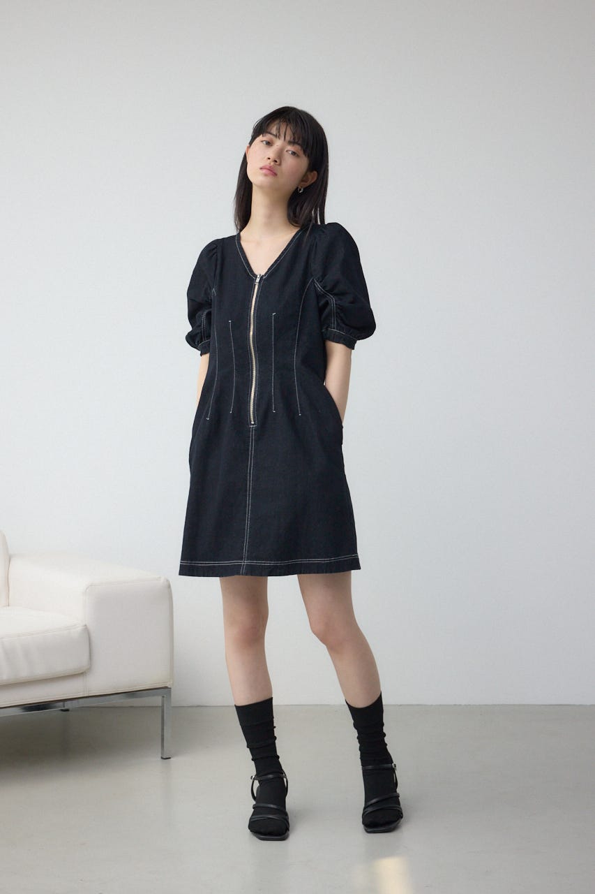 フロントジップ半袖デニムワンピース One Wash S