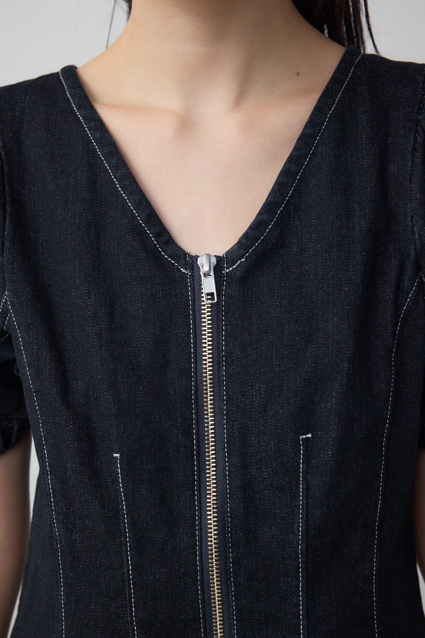 フロントジップ半袖デニムワンピース One Wash S