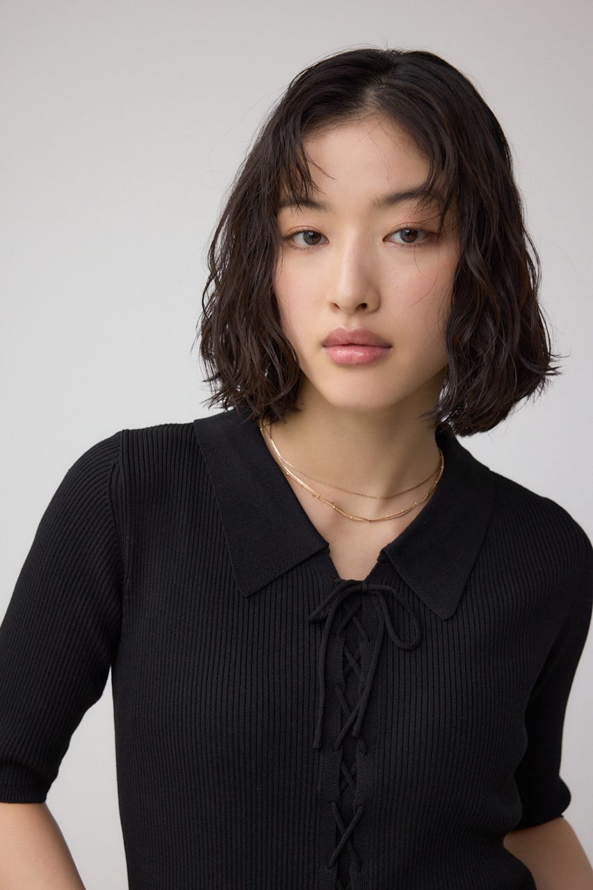 レースアップ5分袖ポロカラーニット BLK FREE