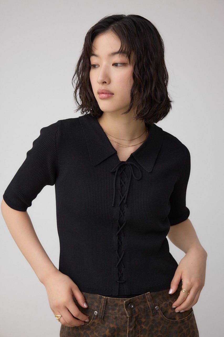 レースアップ5分袖ポロカラーニット BLK FREE