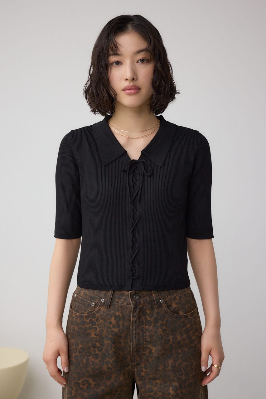 レースアップ5分袖ポロカラーニット BLK FREE