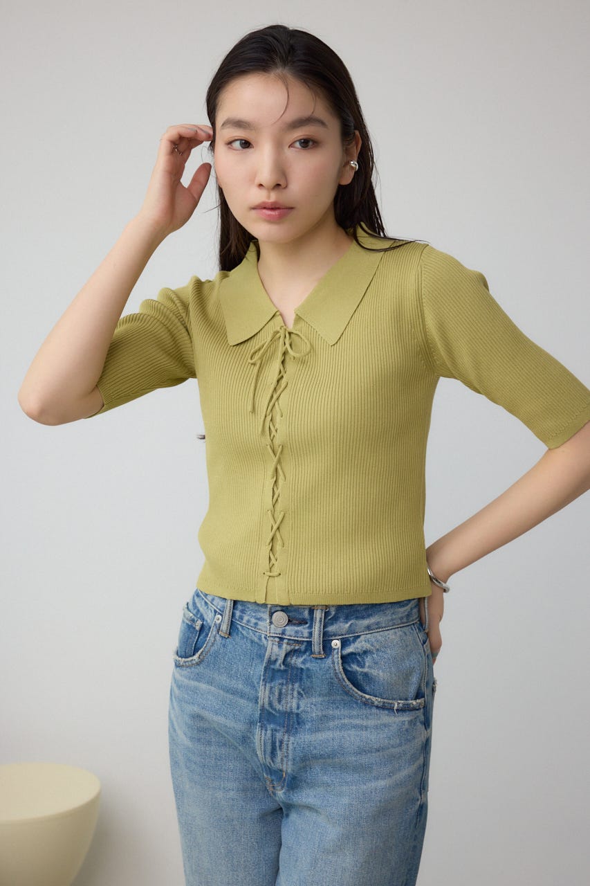 レースアップ5分袖ポロカラーニット LIME FREE