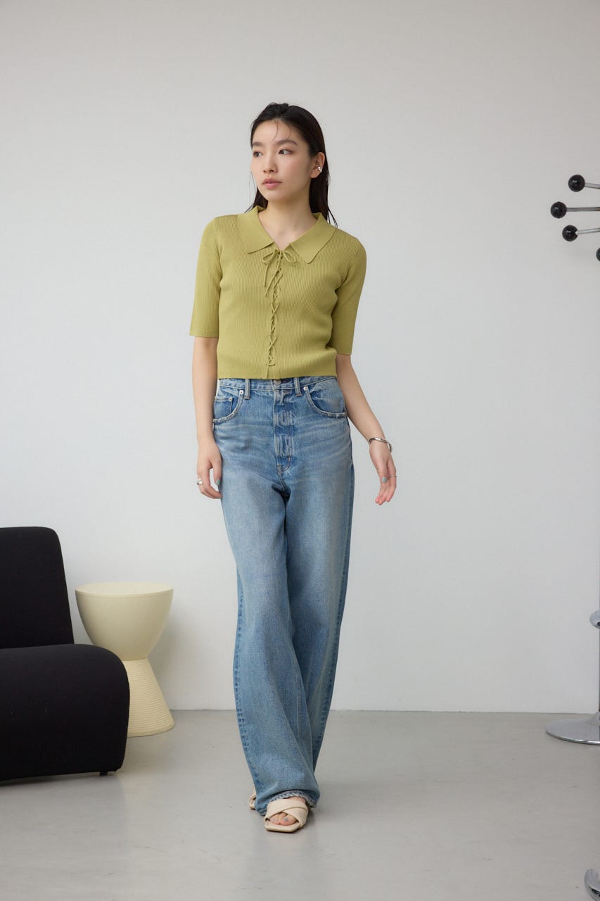 レースアップ5分袖ポロカラーニット LIME FREE
