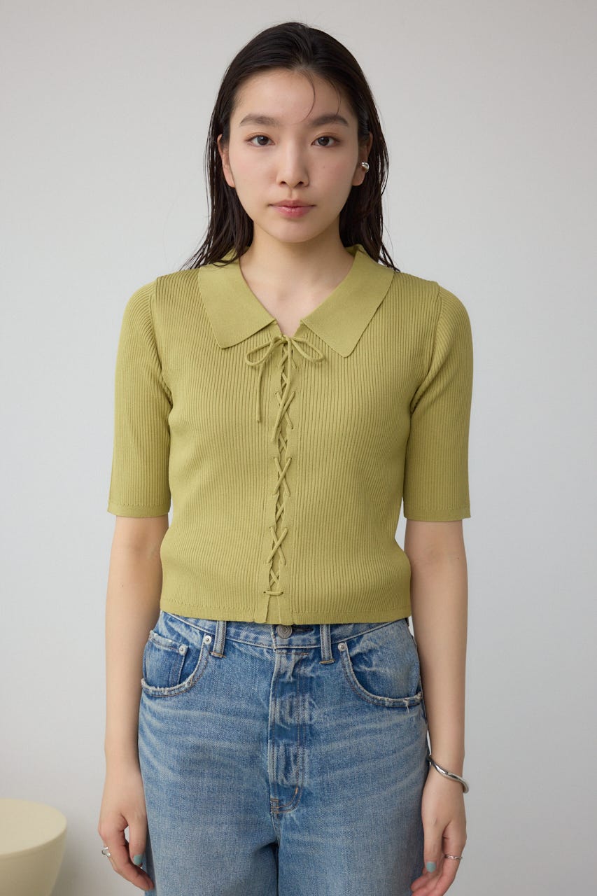 レースアップ5分袖ポロカラーニット LIME FREE