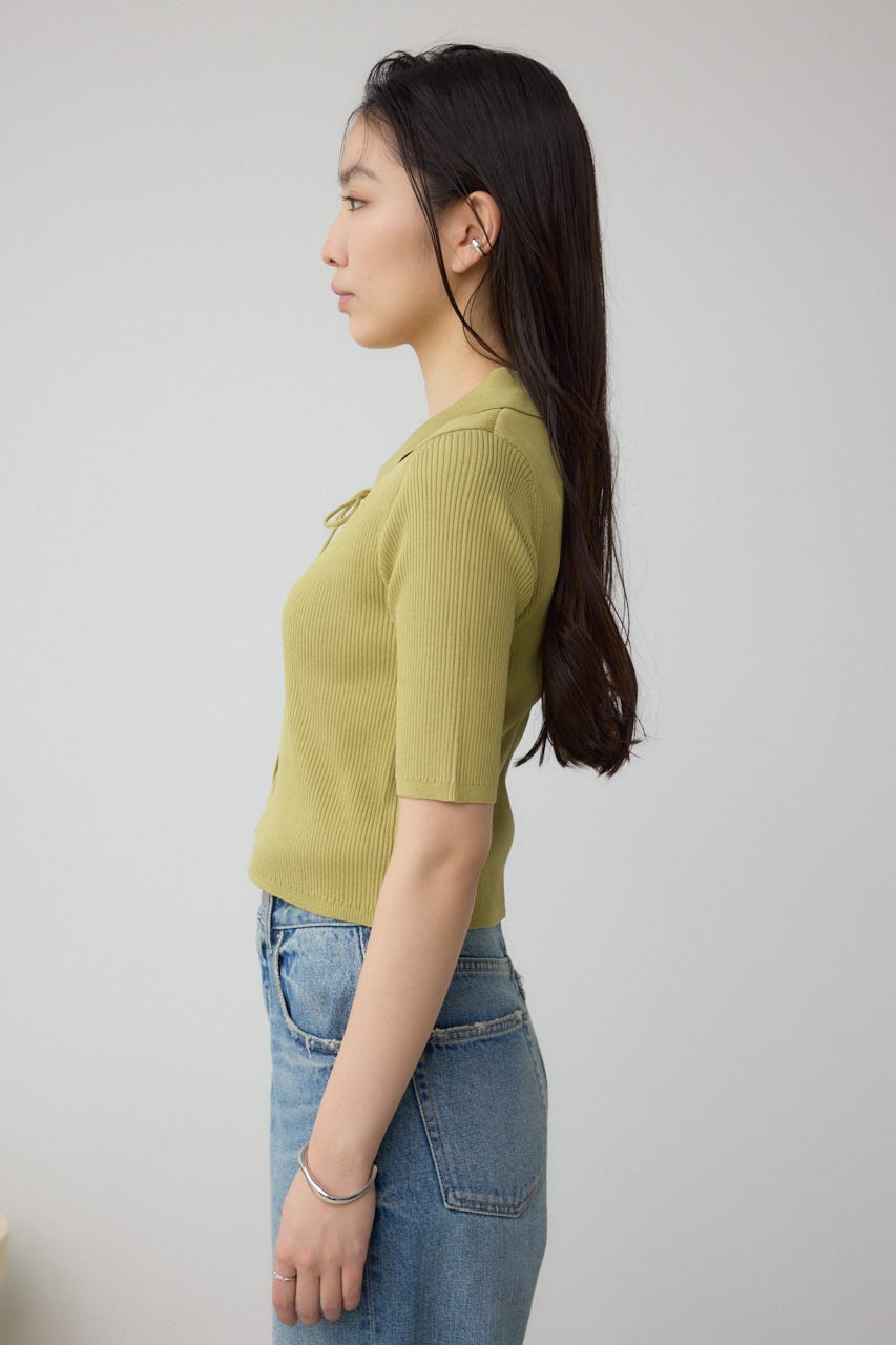レースアップ5分袖ポロカラーニット LIME FREE