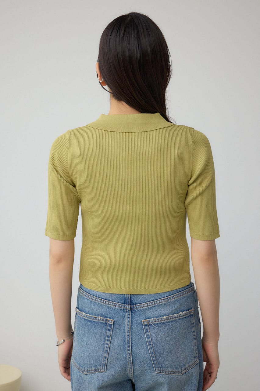 レースアップ5分袖ポロカラーニット LIME FREE