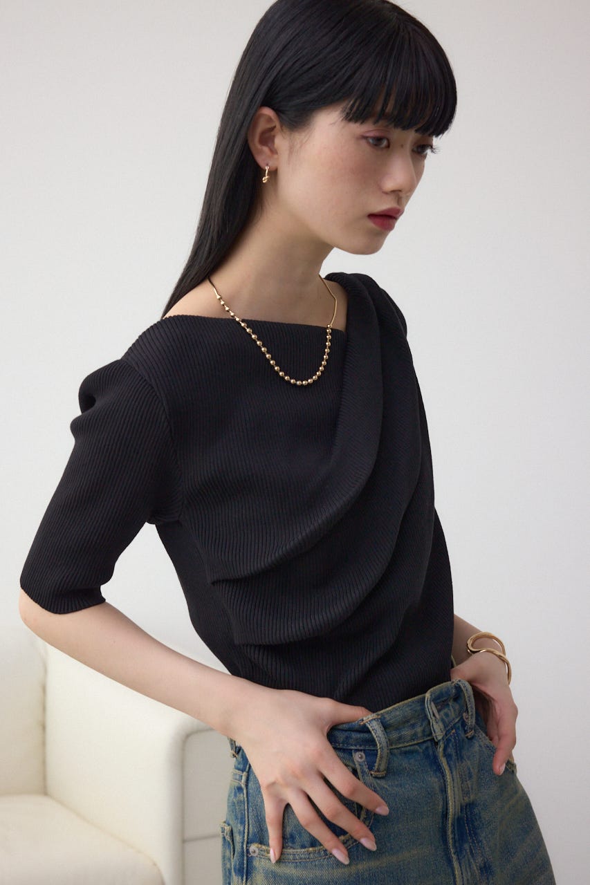 ドレープデザイン5分袖リブニット BLK FREE