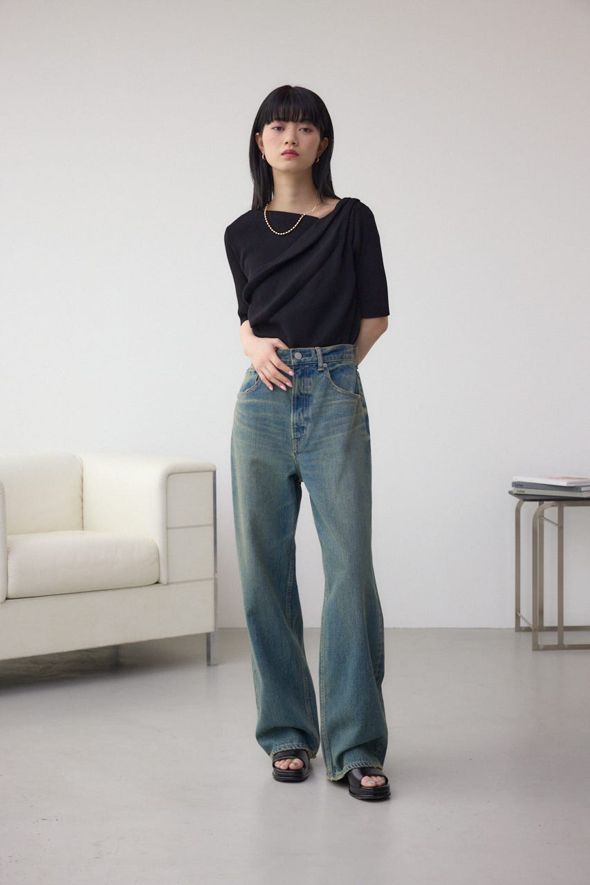 ドレープデザイン5分袖リブニット BLK FREE