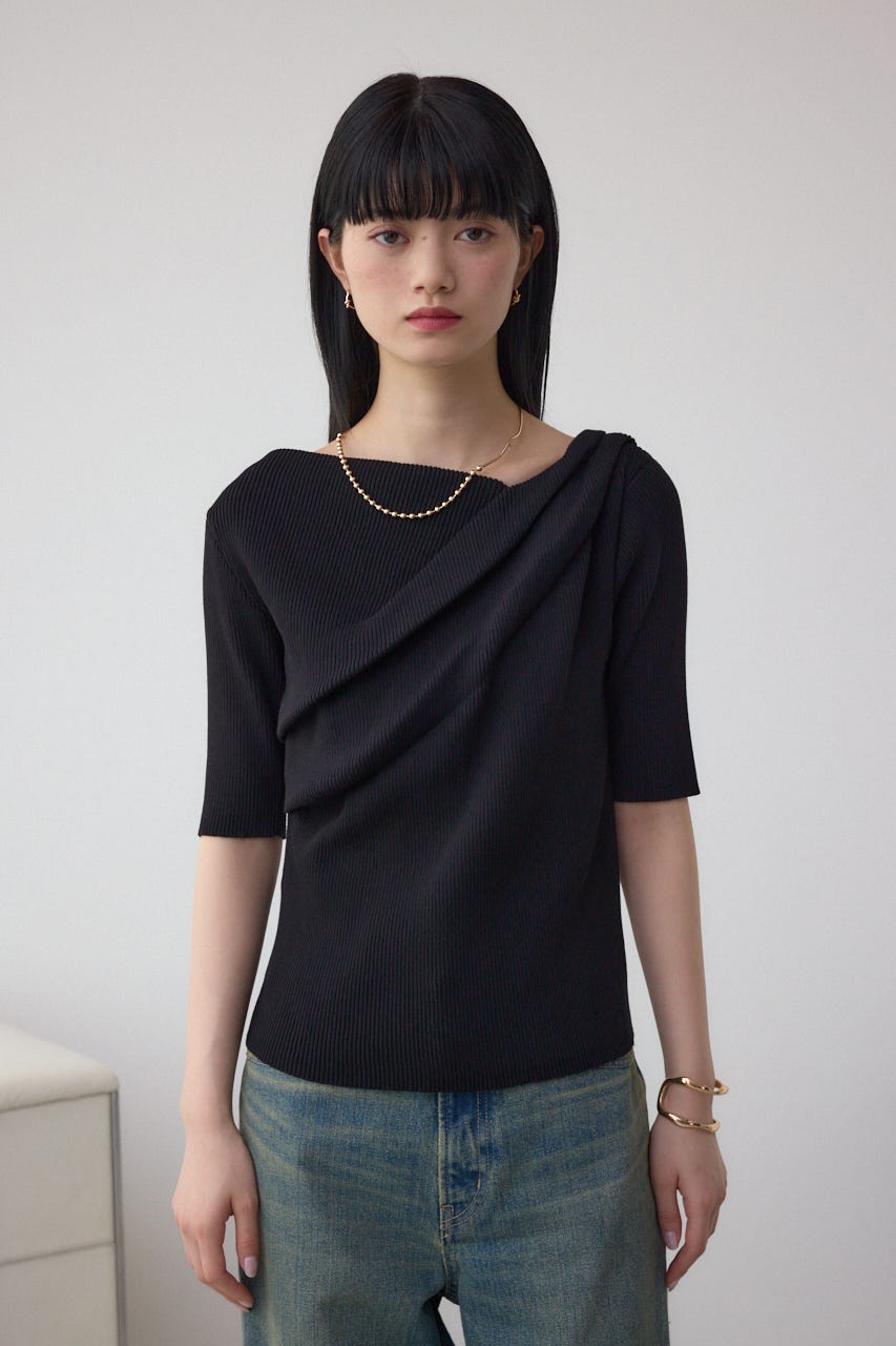 ドレープデザイン5分袖リブニット BLK FREE