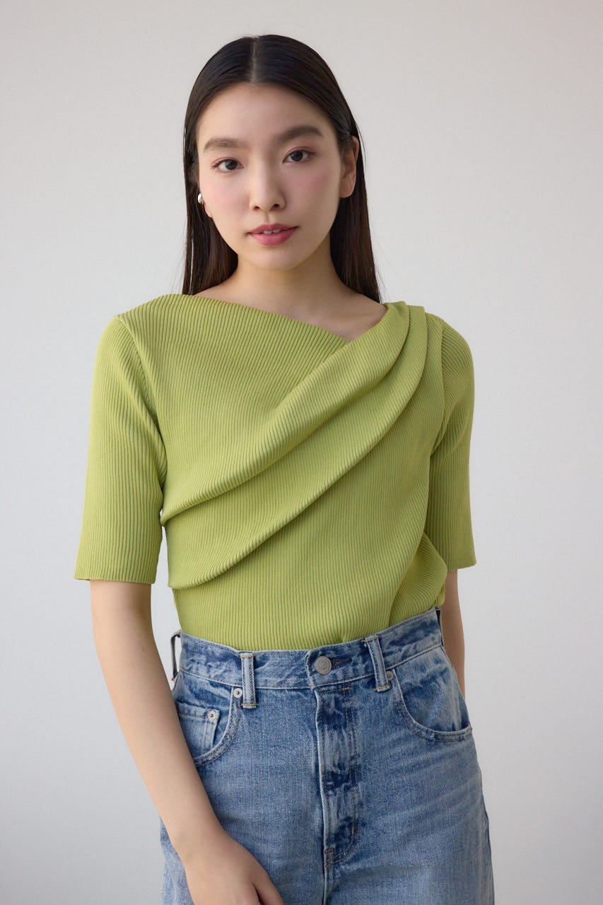 ドレープデザイン5分袖リブニット LIME FREE