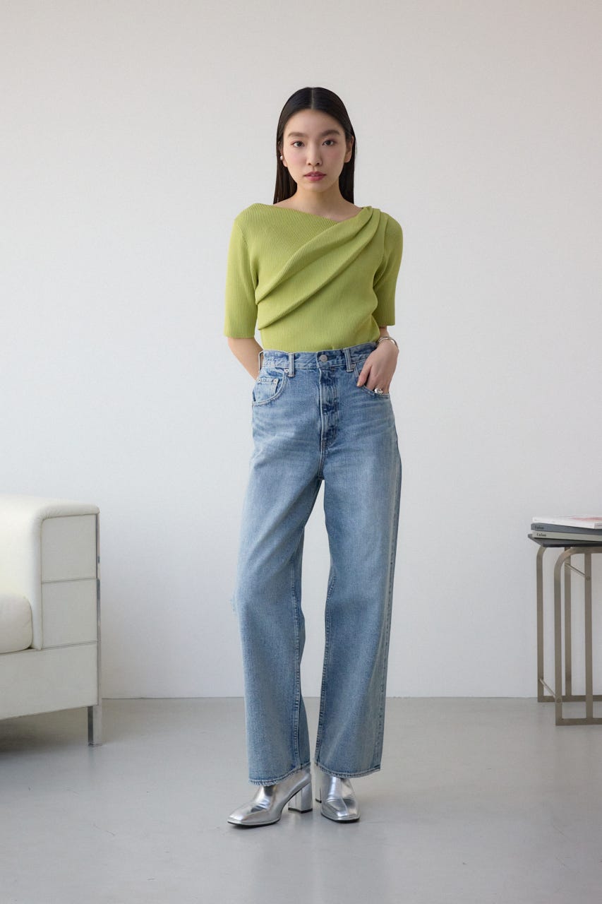 ドレープデザイン5分袖リブニット LIME FREE